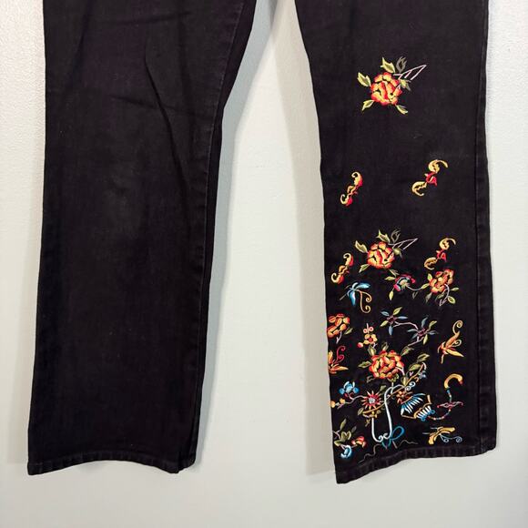 EXPRESS Vintage Jeans Womens 5/6 Y2K Floral Embroidered Mid Rise Flare Black USA - Picture 3 of 8